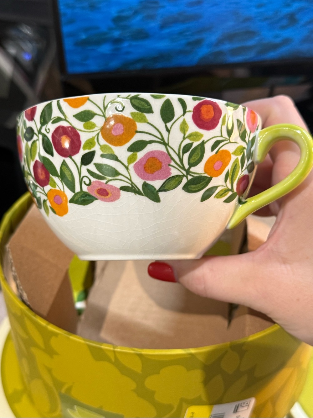 Set of 2 New Floral Ceramic Tea Cup with Green Handle - Kim Parker Home x Spode
